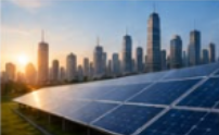 Solar panels and city skyline